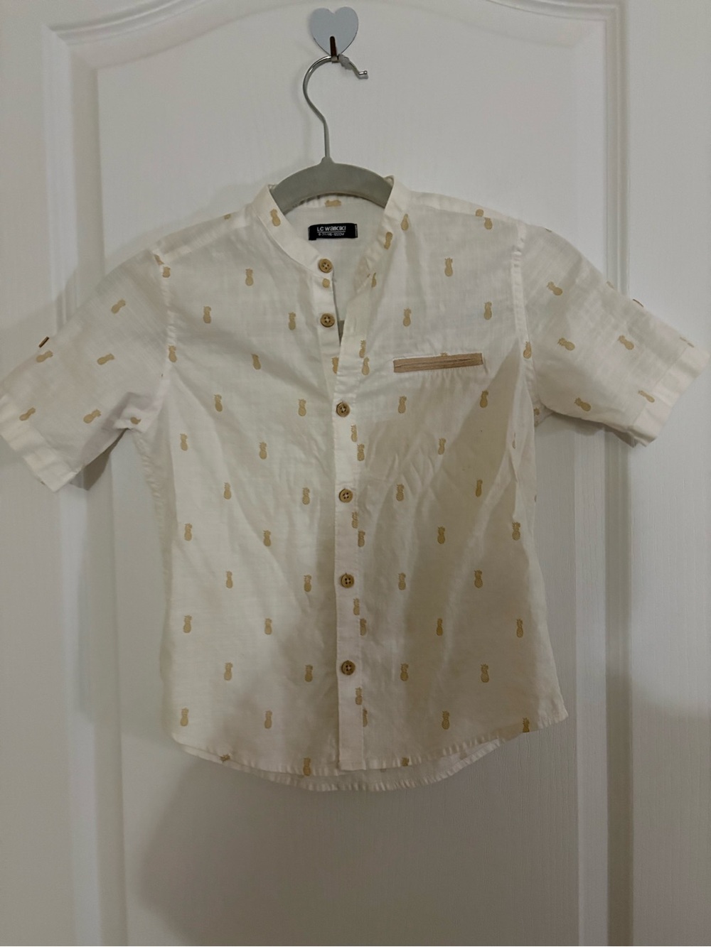 Kids Short-Sleeve Button Front Shirt - White with Gold Print